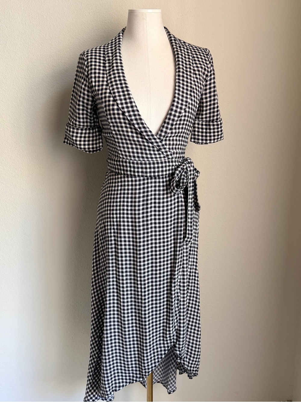 Ganni Black and White Gingham Wrap Dress Womens size 32